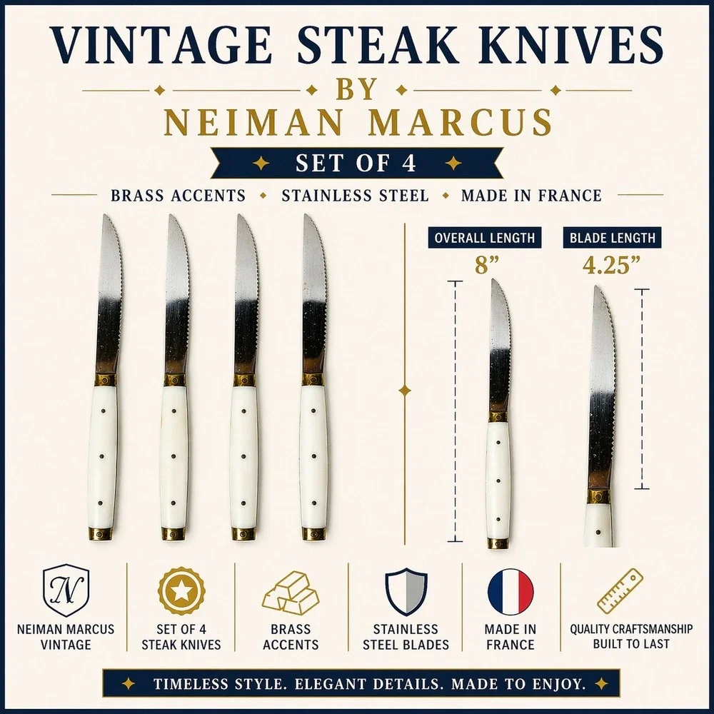 Vintage French Steak Knives Set of 4 Serrated Stainless Steel Cream Handles‎